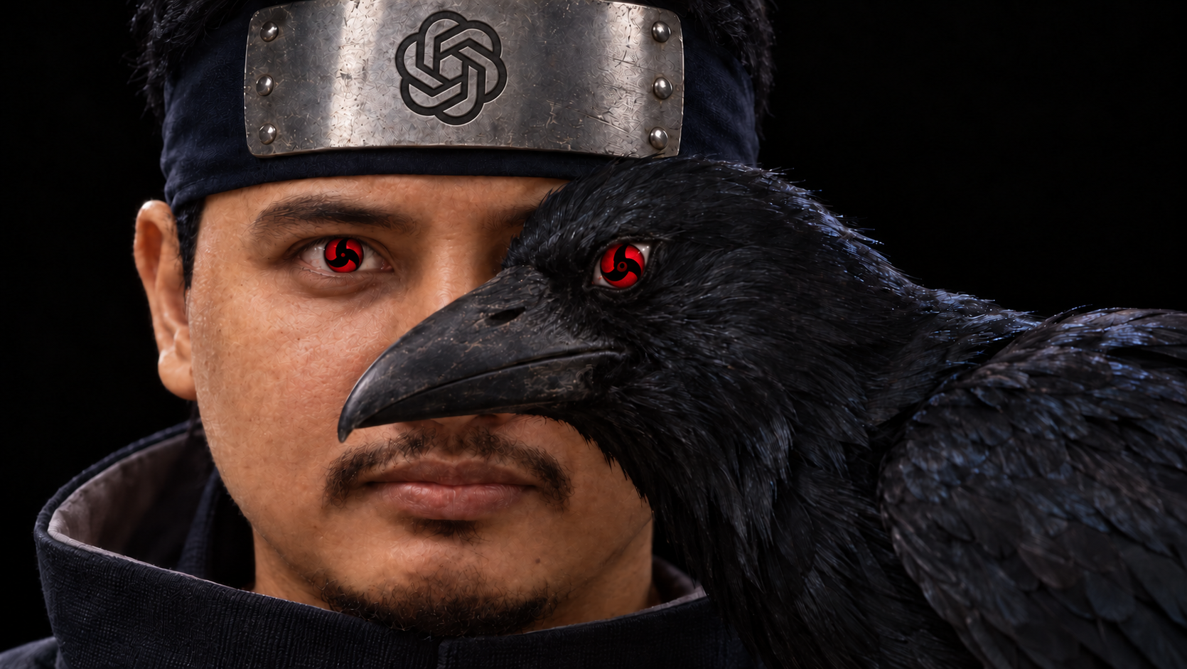 Sayyid with a black crow, both with red Sharingan eyes